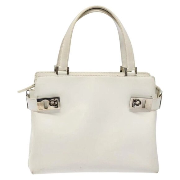 Salvatore Ferragamo Gancini Hand Bag Leather White Silver Auth 118441 - Picture 1 of 16